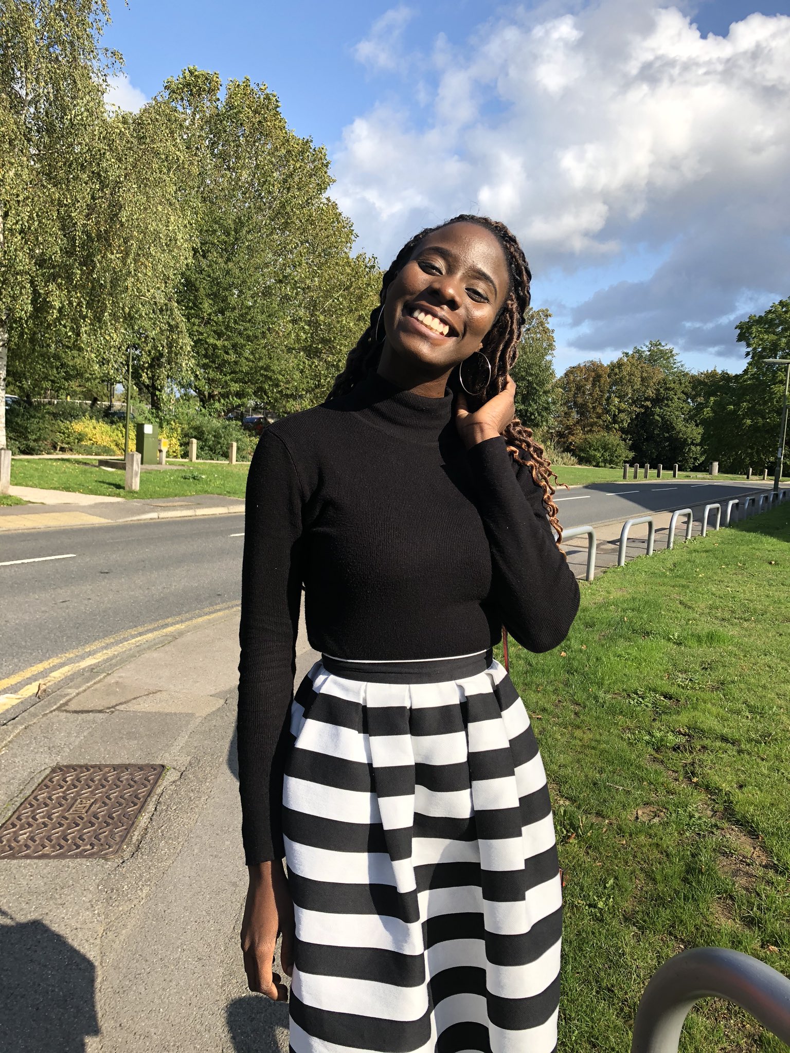 Cute black and cheap white striped skirt outfit