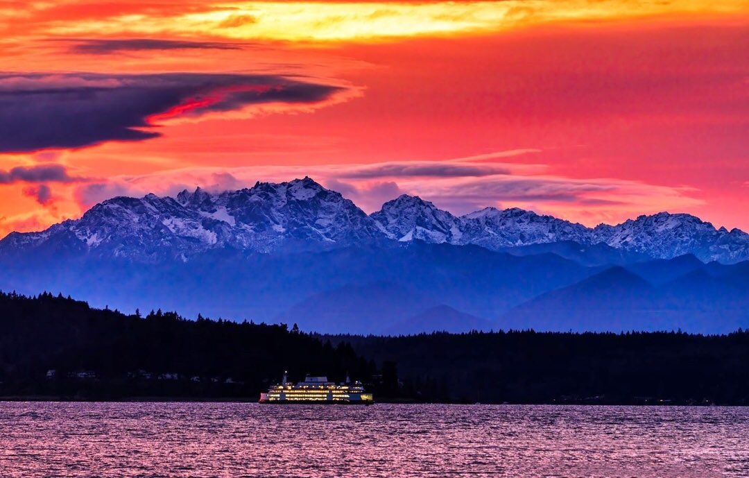 Sunset pic taken by a friend. #OlympicMountains with ferry approaching #PNWScene