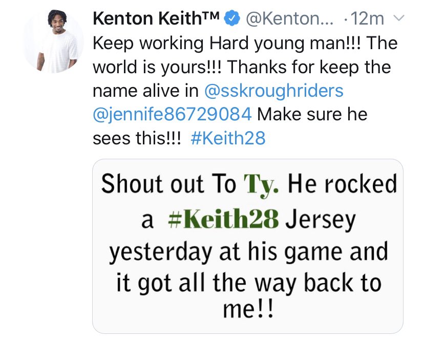 rodpedersen's tweet photo. Shoutout to #28 Ty Ryerson who’s out there with his 49ers teammates after suffering a real bad eye accident. Caught the attention of Rider great @KentonKeith, who wore that jersey >> @robp_regina https://t.co/NuHs5BmVnd