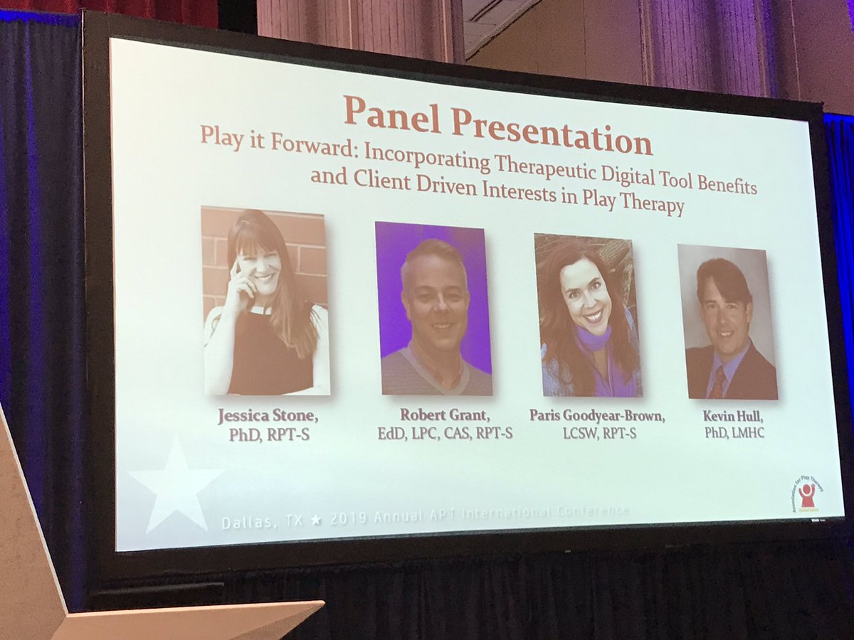 LeslieBakerMFT's tweet photo. Dr. Jessica Stone &amp; distinguished panel presented @a4pt Integrating Technology into Play Therapy. #apt2019 #playtherapy https://t.co/vtHgjYPFz8