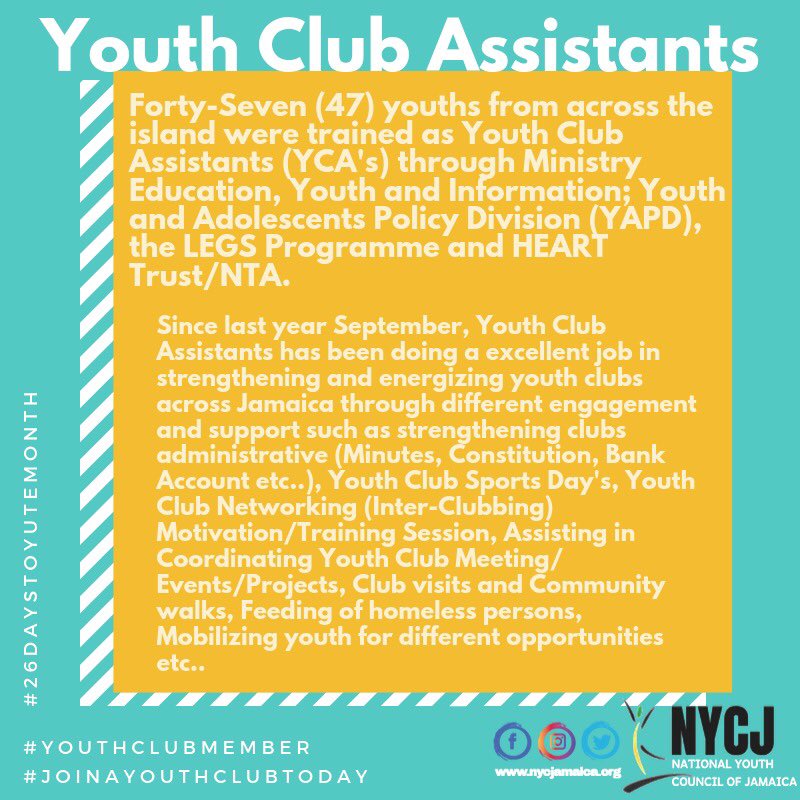 nycja_'s tweet photo. #26DaystoYuteMonth
#CountDownWithNationBuilder
#TheirLIT
Our #26 are Youths that are assisting in strengthening the Youth club Movement across Jamaica, Youth Club Assistants.
#CreatingLeaders
#InspiringYouth
#TranformingCommunities
#BuildingSafeSpaces
#YouthMonth2019 https://t.co/jdXPDhZ5Wf