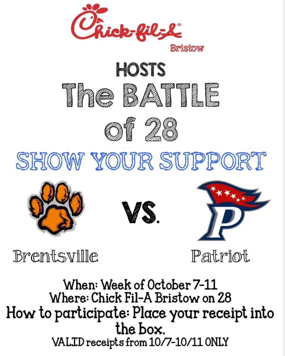 Patriothscheer1's tweet photo. ๐ฃBattle of 28 Patriot vs BDHS. Stop by CFA all next week and drop your receipt in the Patriot box. The school with the most sales win! We won last year so let's keep the streak going! #chickfilaeveryday #supportphscheer https://t.co/BldNvIS4Sd