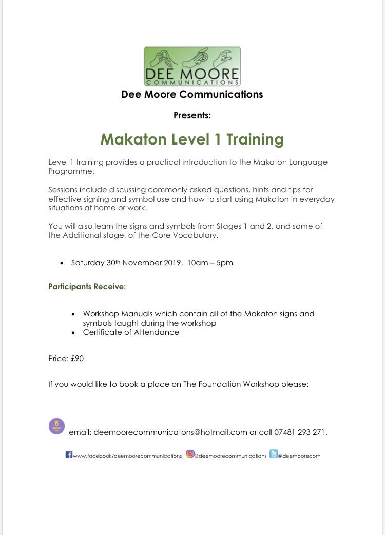 deemoorecom's tweet image. Makaton Level 1 Workshop Saturday 30th November 10am - 5pm Email deemoorecommunications@hotmail.com or call 07481 293271 to book

#makatontraining #makatonlevel1training #makaton #level1 #training