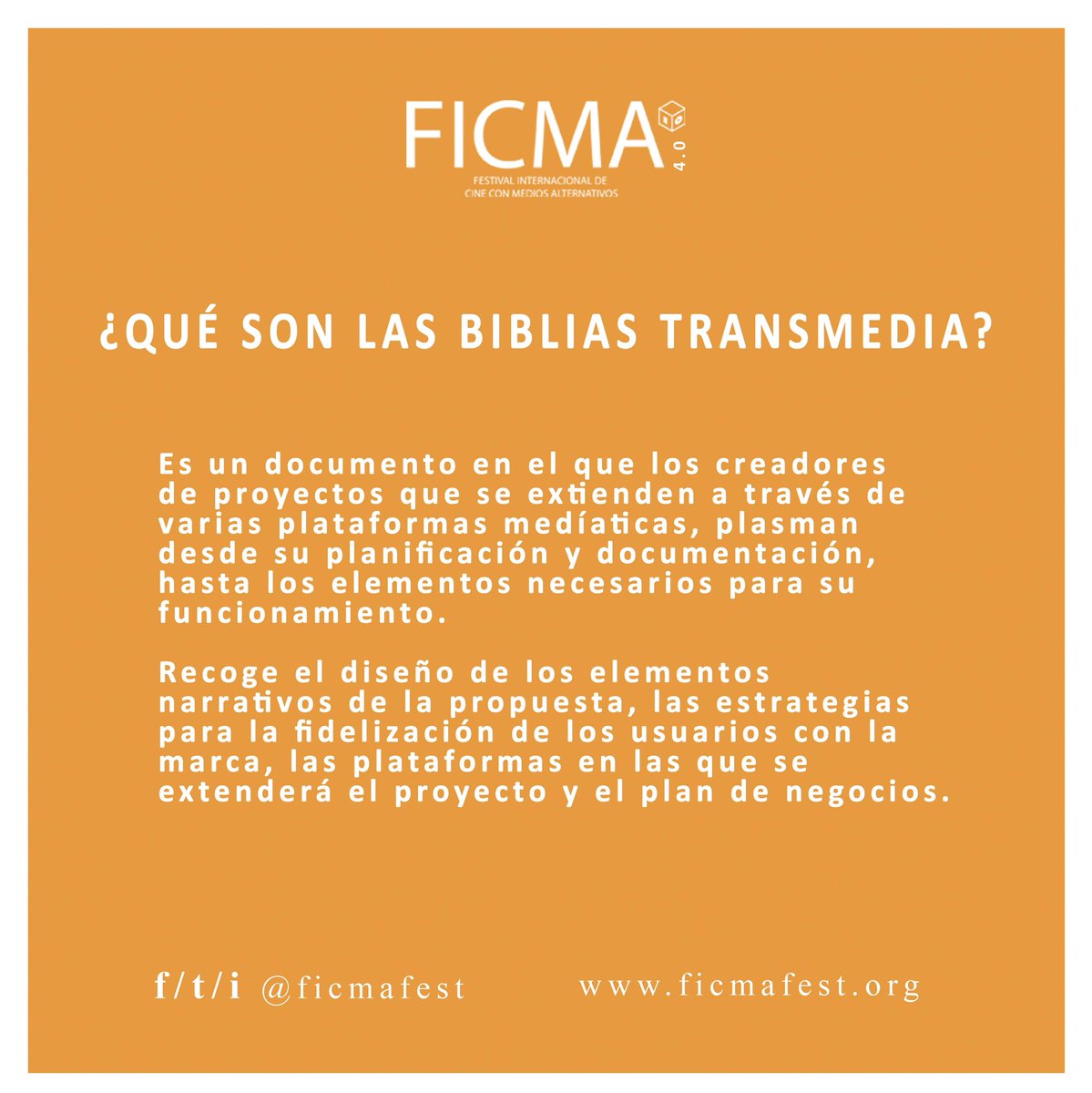ficmafest's tweet photo. ¿Sabías que son las biblias transmedia? 

#TRANSMEDIA #Storytelling #NuevaMedia #CINE #RealidadVirtual #Tecnología #MediosAlternativos #Innovación #SeriesWeb #Audiovisual #DocWeb #RedesSociales #CineminutoWeb https://t.co/56vqiOO6H7