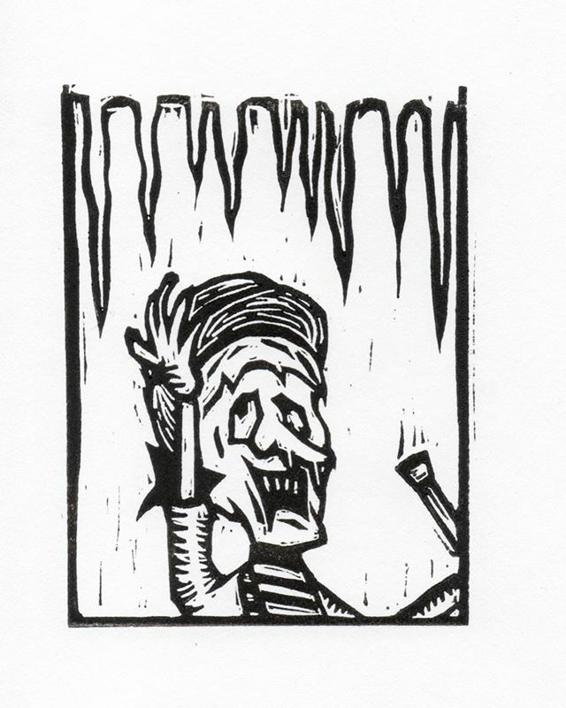 GripAndWord's tweet photo. #inktober day 4, “Freeze” (playing catch-up) #inktober2019 #inktoberday4 #freeze #printmaking #linocut #snowmiser #icicles #linoctober #rankinbass https://t.co/l2IL4cASbW https://t.co/Q16yThfpil