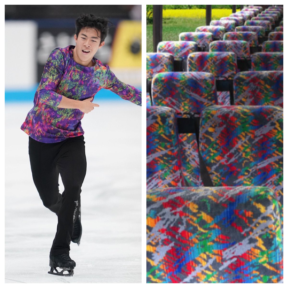 californiaaimee's tweet photo. Nathan Chen’s new Elton John program shirt is twinning with city bus upholstery. #japanopen #usfs https://t.co/iSSzVbFWe7