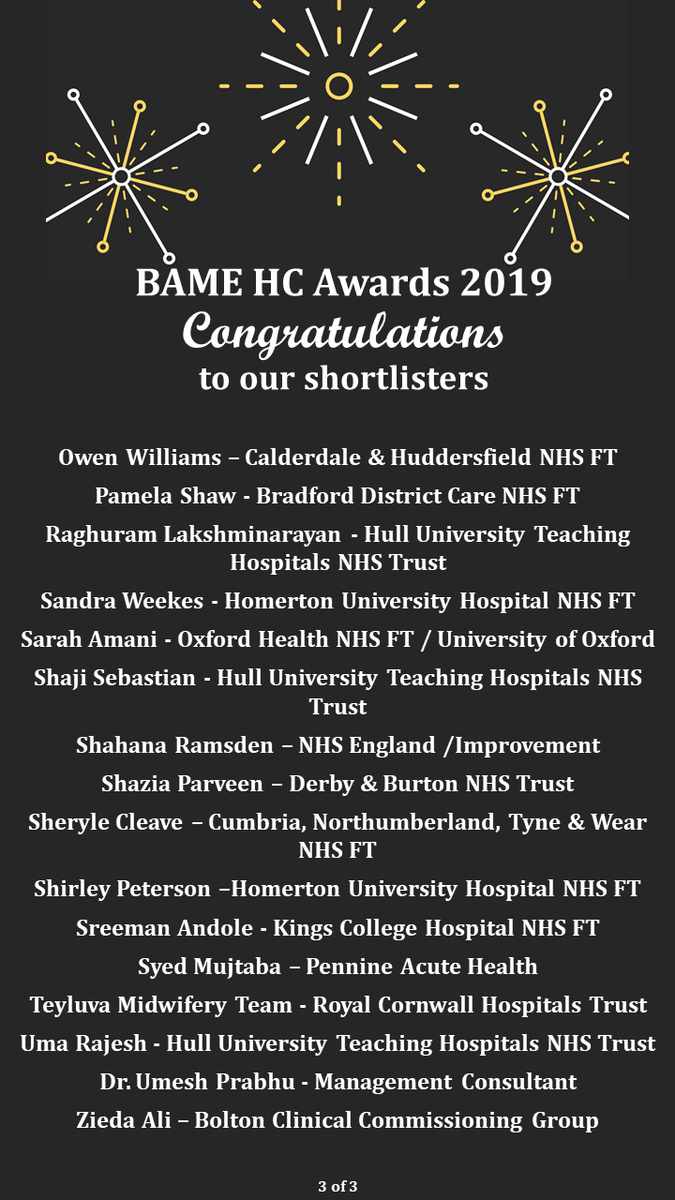 BAME_HCAwards's tweet photo. Congratulations to our shortlisters! You must be proud @CHFTNHS @BDCFT @HullHospitals
@OxfordHealthNHS
@nhse @UHDBTrust @CNTWNHS @KingsCollegeNHS @NCAlliance_NHS @umesh @RCHTWeCare @BoltonCCG @DrUmeshPrabhu
Looking forward to celebrating with you on 17.10.19 #BAMEHCA2019 https://t.co/dxq0tEmkjw