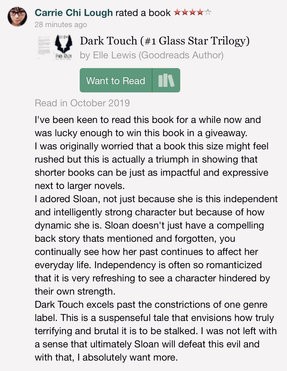 Elle_Lewis2's tweet photo. A very generous review by Carrie. Thank you friend 🙏🥰 #writingcommunity #blackrosewriting #newadult #DarkTouch #spreadyourwings #fantasy @brwpublisher https://t.co/OhfAe3PN5g