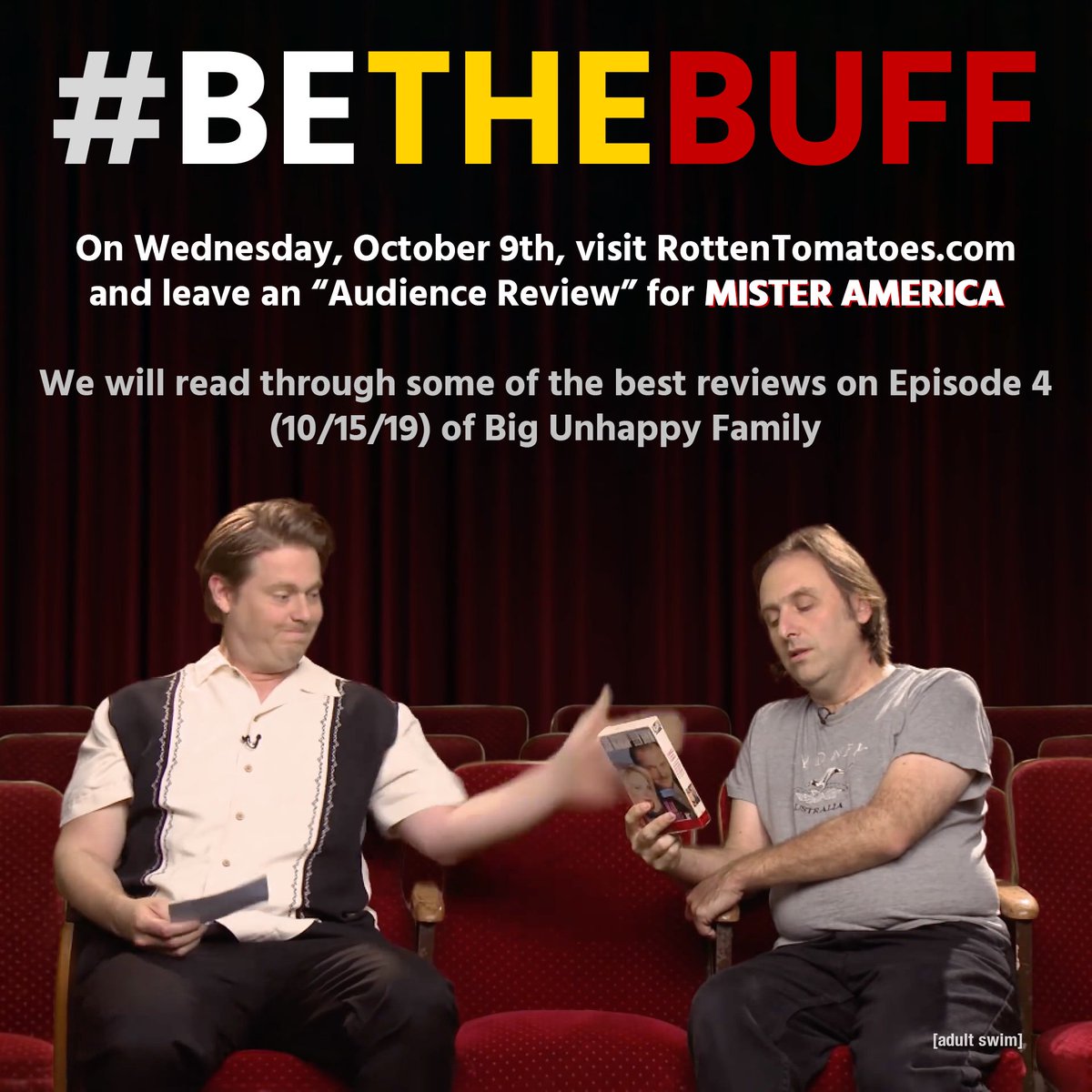 justingaynor's tweet photo. ON CINEMA FAMILY: As #MisterAmerica hits theaters, fake buffs who have NEVER seen an episode of #OnCinema will be writing reviews for major outlets. Your mission: On Wednesday 10/9 #BETHEBUFF and leave an Audience Review on Rotten Tomatoes. RT! @timheidecker @greggturkington https://t.co/gMmmI9AoQh