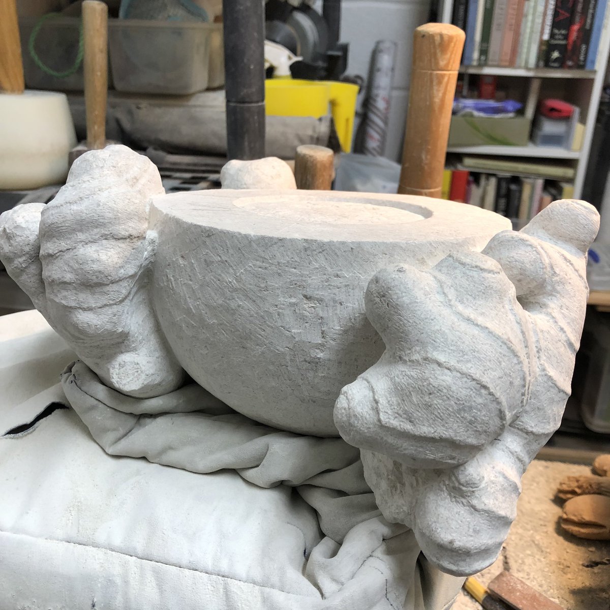 Ginger root alter vessel, carved in Portland limestone. Work in progress.