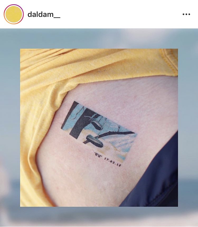 Bts Tattoos Rest Bts Tattoo Soft Colour Work Of A Scene From The Spring Day Mv Accompanied By The Hangeul Version Of The Title And The Date It Was