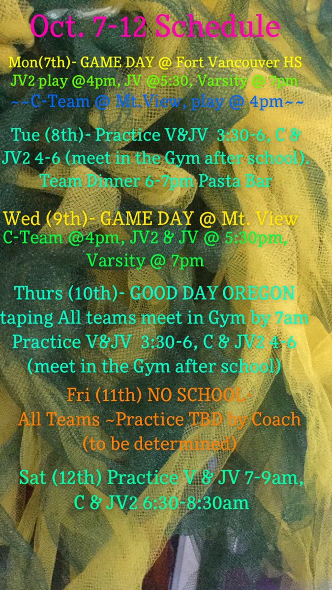 Oct. 7-12 Schedule 
** please see GAME DAY changes for this week**
We play on Monday &amp; Wednesday!!!!