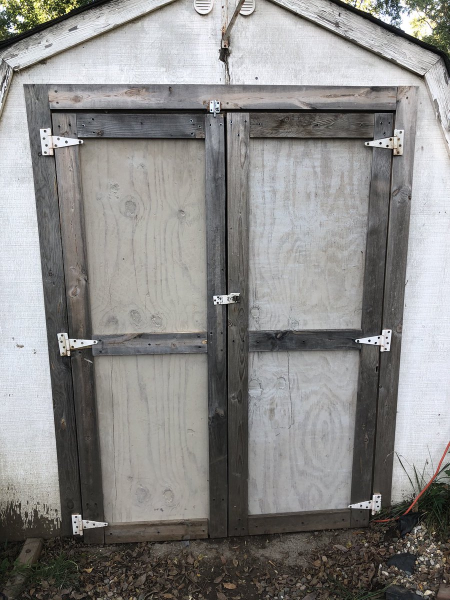 FarmPhillips's tweet photo. It was a productive day on Phillips Farm. I reused some plywood to build new doors on the coop/shed. Then used some of an old tarp to waterproof the coop so we don’t have the same issue as last winter. https://t.co/MGOaHewQYO