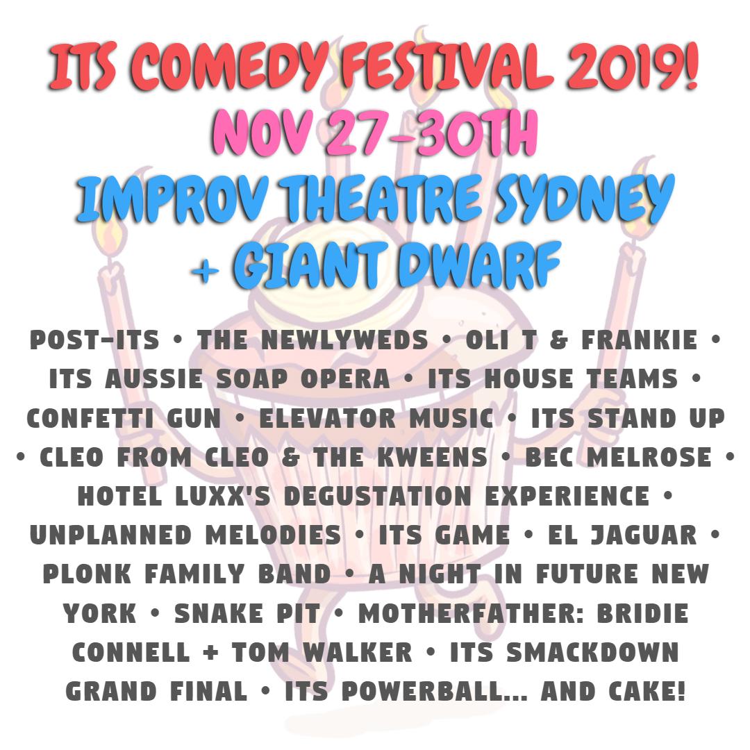 itsimprov's tweet photo. Our ITS COMEDY FESTIVAL line-up has been announced! Check it out and get your festival pass on the @giantdwarf website: https://t.co/JVnU0QnEYn https://t.co/TcZh8JN57f
