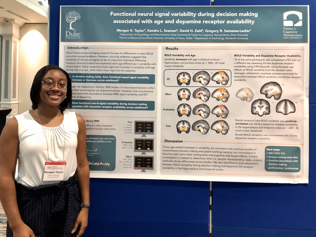 Gregory Samanez-Larkin (@gregoryrsl) on Twitter photo <a href="/DukePsychNeuro/">Duke Psychology & Neuroscience</a> <a href="/DukeBrain/">Duke Institute for Brain Sciences</a> PhD student <a href="/_mktaylor/">Morgan Taylor</a> presented her first conference poster sharing new findings on fMRI signal variability differences across adulthood in striatum and MTL and correlations with MTL dopamine receptor availability #neuroeconomics #SNE2019 <a href="/DukePsychNeuro/">Duke Psychology & Neuroscience</a> <a href="/DukeBrain/">Duke Institute for Brain Sciences</a> PhD student <a href="/_mktaylor/">Morgan Taylor</a> presented her first conference poster sharing new findings on fMRI signal variability differences across adulthood in striatum and MTL and correlations with MTL dopamine receptor availability #neuroeconomics #SNE2019
