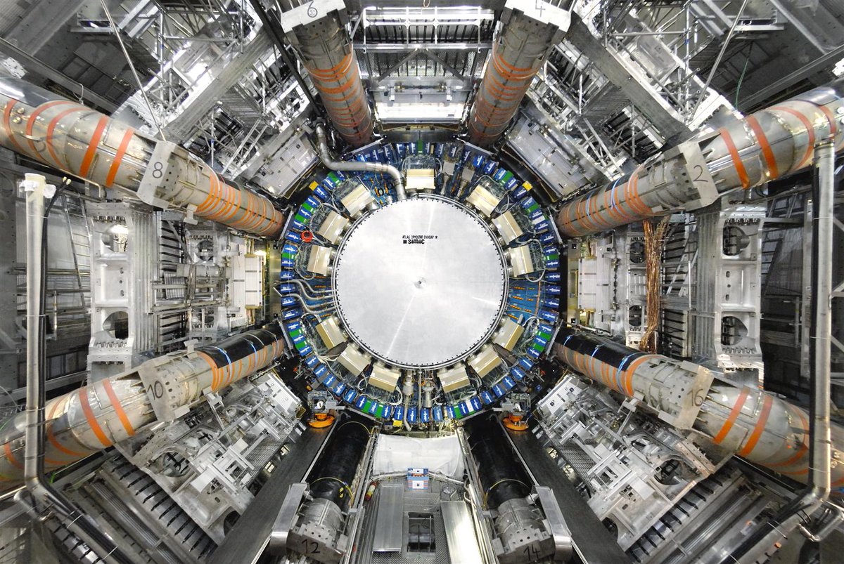 47) This is the ATLAS detector (part of the LHC), the biggest particle detector in the world, measuring 46 m long, 25 m high, and 25 m wide. It weighs 7,000 tons.The article also mentions that one of the goals of the LHC is to recreate the mysterious "dark matter particle." 