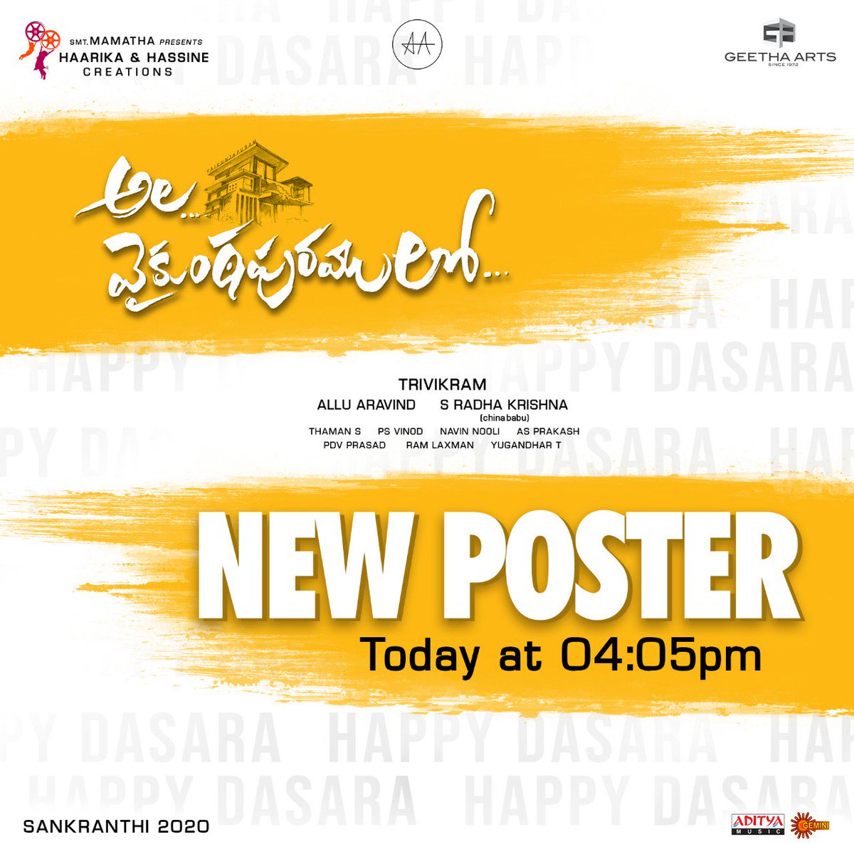 GadariJ's tweet photo. #AlaVaikunthapurramuloo New Poster Released Today 04:05PM..
#Trivikram garu..
#AlluAravind garu..
#SouthernStarAlluArjun garu..
#poojahegde garu..
#SSTaman garu.. https://t.co/amXgimZyoV