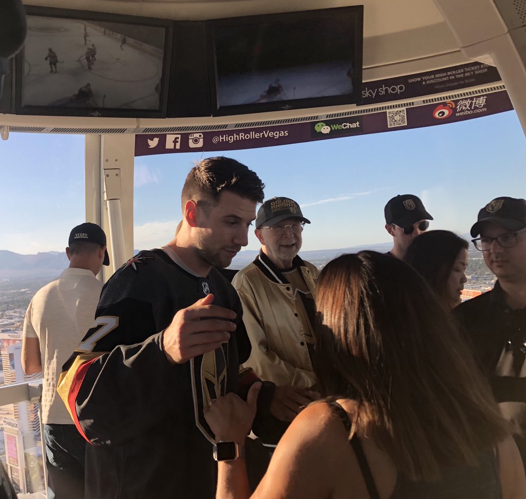 telluridenative's tweet photo. Super cool... @derwood73 and I ended up in the  Linq pod with Shea Theodore... I literally was one of the first sweater purchases with his name...thank you @GoldenKnights for a fun event! (ps... a couple DOHS students happen to be in the same pod ❤️) #vegasborn https://t.co/OFrGz4ebBk