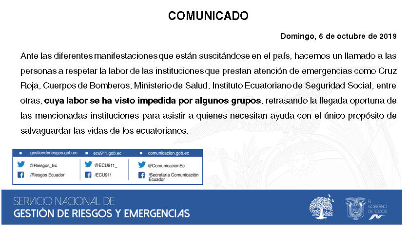 [Comunicado] Respetemos la labor de las instituciones que prestan atención de emergencias | #EcuadorPaísDePaz #NoAlParo #YoSíTrabajo