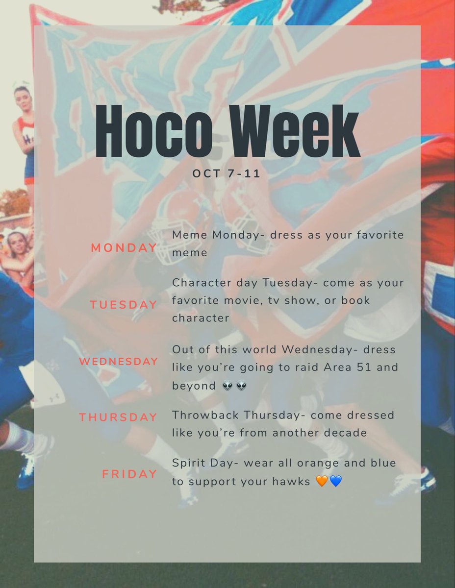 It’s Homecoming Week everyone!! Here are the themes for each day this week🌟