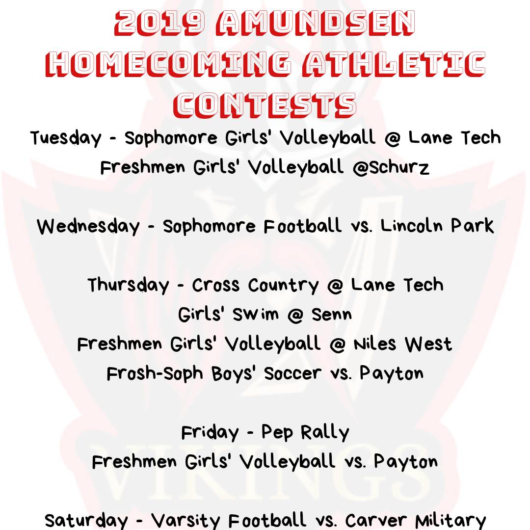 Big week ahead for <a href="/Amundsen_HS/">Amundsen High School</a>. It's a breath of fresh air to experience Homecoming and <a href="/Amundsen_HS/">Amundsen High School</a> knows how to celebrate! Don't miss out on the themed days and athletic contests this week #greatdaytobeaviking #allinforAmundsen #striveforgreatness