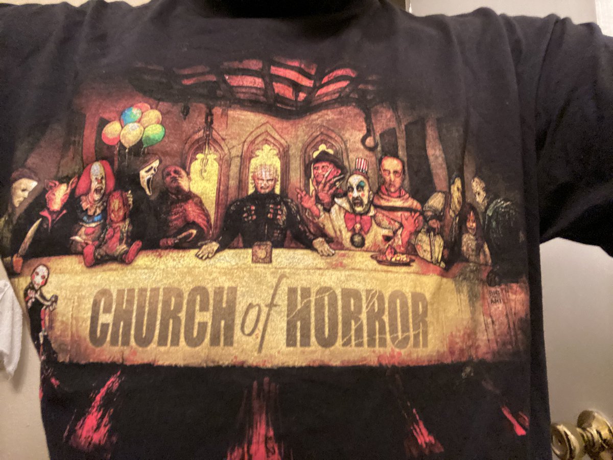 theanticritic's tweet photo. #31DaysOfHorrorTees Day 6: It’s Sunday, which makes this an appropriate day to wear this piece. Easily the hardest shirt to snap a picture in while wearing it. #HappyHalloween #HorrorTees #HorrorBlerd #TheChurchOfHorror #TitansOfHorror #HorrorDisciples https://t.co/SDe7LN3eNS