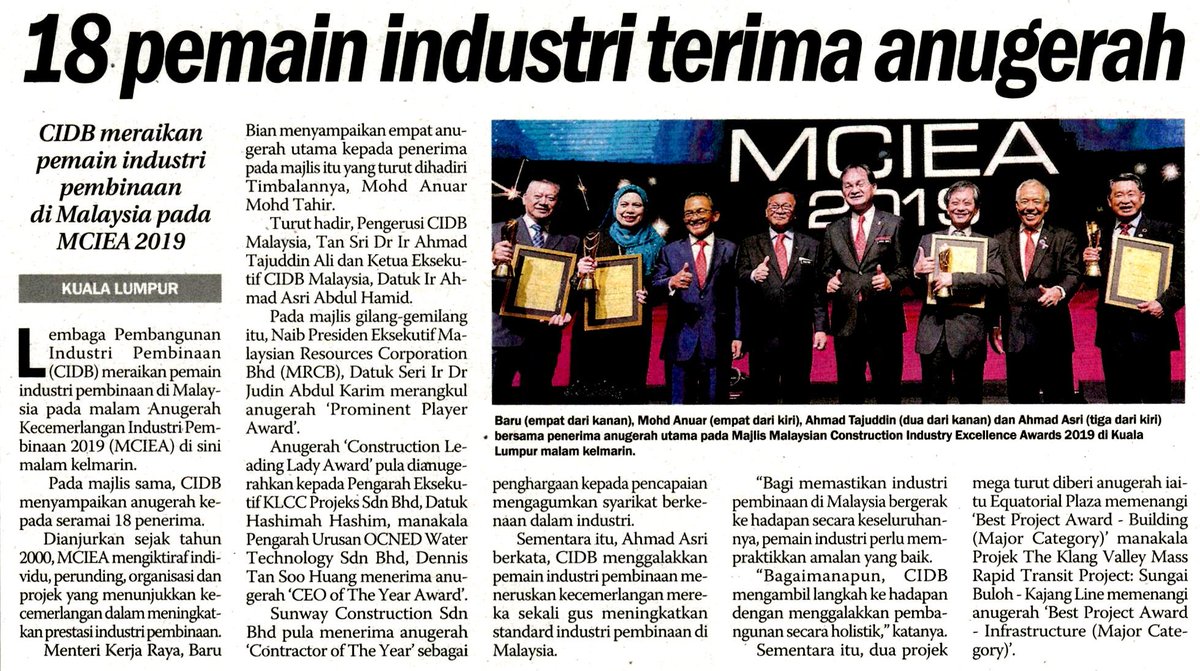 MRTMalaysia's tweet photo. Sinar Harian: 18 pemain industri terima anugerah

Projek The Klang Valley Mass Rapid Transit Project: Sungai Buloh- Kajang Line telah memenangi anugerah 'Best Project Award-Infrastructure (Major Category)'.

#SBKLine https://t.co/RU3Sd1GZpW