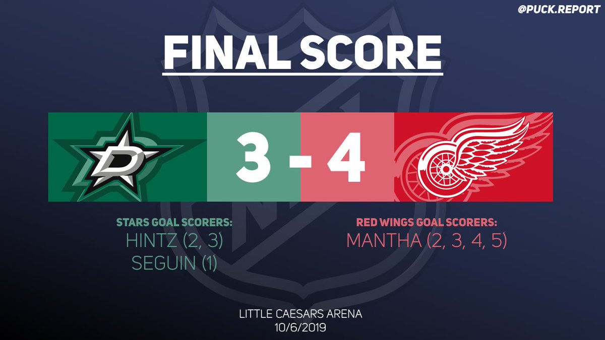 PuckReportNHL's tweet photo. FINAL: Dallas Stars 3-4 Detroit Red Wings

Anthony Mantha’s stellar 4-goal performance lifts Red Wings to 4-3 win over Dallas.

#GoStars #LGRW https://t.co/lOAK2gWlNv