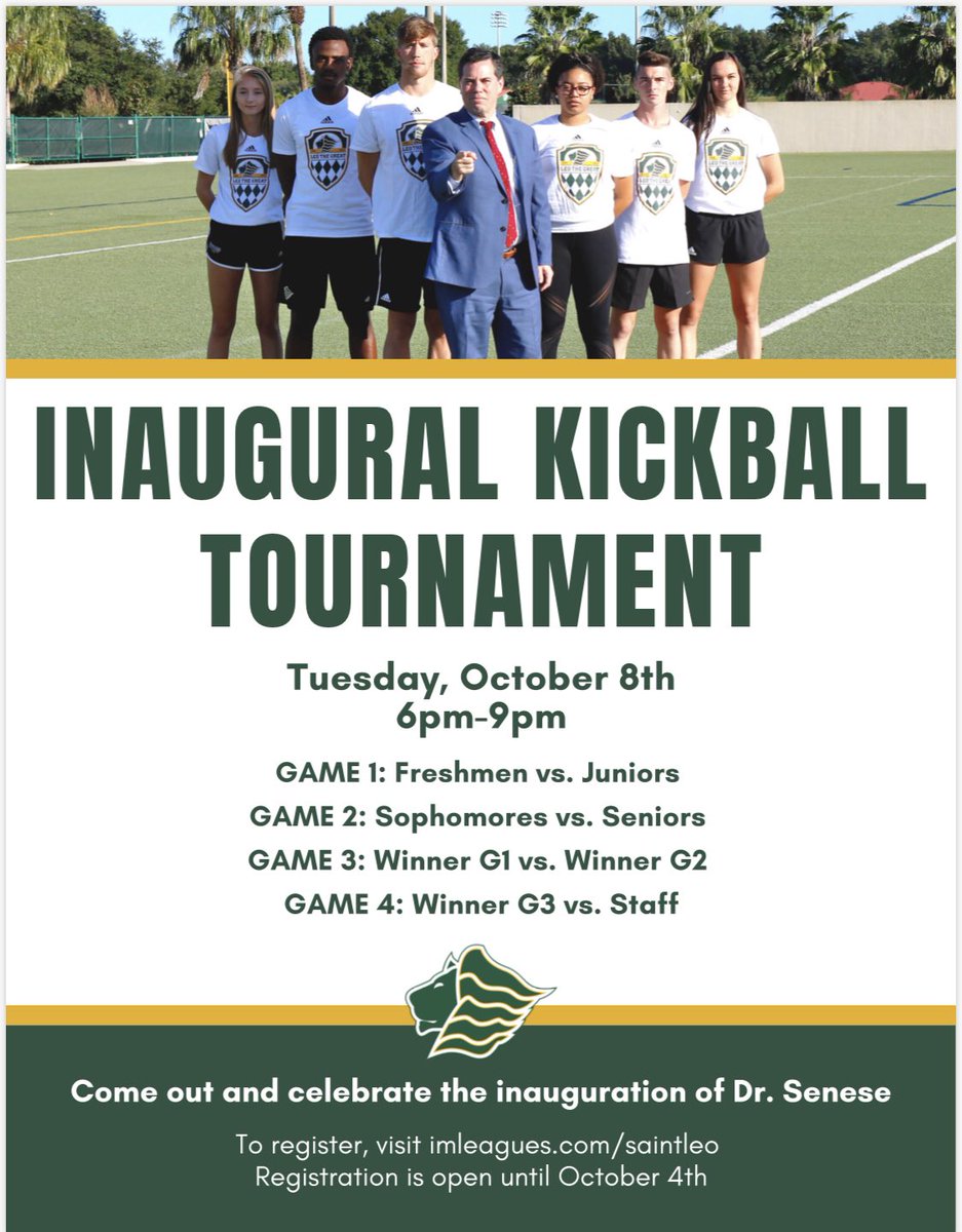 Registration has been extended to Monday Oct 7th at 5pm. That means there is still time to register and show off your kickball skills! 

We can’t wait to see which of our reps takes home the trophy 🥇 #LeoTheGreat #GoSaintLeo