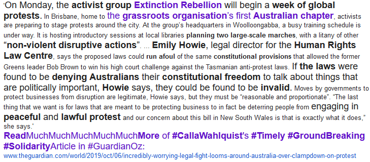 WgarNews's tweet photo. @01000011CS @3wombats @BlakandBlack @XRebellionAus @Absurd_Penguin @WhteRbbnAdvocat @anne_clothier @RobRobbEdwards @Bloss55 @cscviews @janettj777 #CallaPilla: "'#IncrediblyWorrying' #LegalFightLoomsAroundAUS over #ClampdownOnProtest" #XRebellionAus #XR #ExtinctionRebellion #LegalFight #Protests #AroundAus #AboriginalTalk 
#CallaWahlquist's #Timely #GroundBreaking #SolidarityArticle in #GuardianOz: https://t.co/jvzp8BjqcG https://t.co/INnSkKQakD