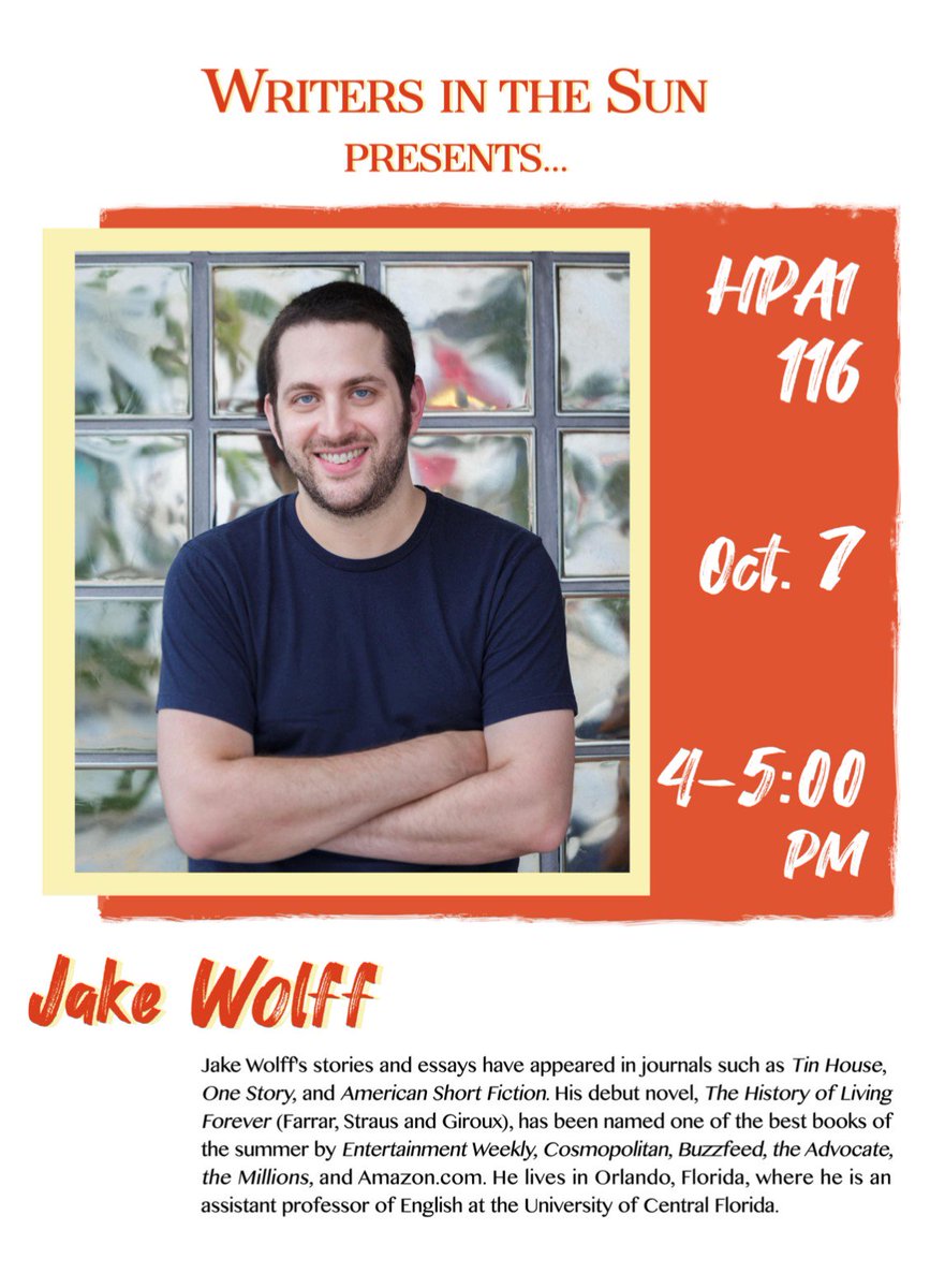 Hey, writers. One of our own faculty members, Jake Wolff, is presenting tomorrow! He's going to be doing a reading on his novel, "The History of Living Forever". You can also buy a copy of the book if you don't have it, so swing by tomorrow at 4PM in building HPA1 116. 😁