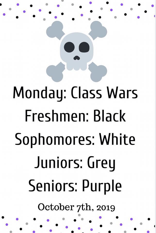 It’s homecoming week Pirates!! We’re kicking off this week with class wars! Don’t forget to wear your class color tomorrow!🖤💜