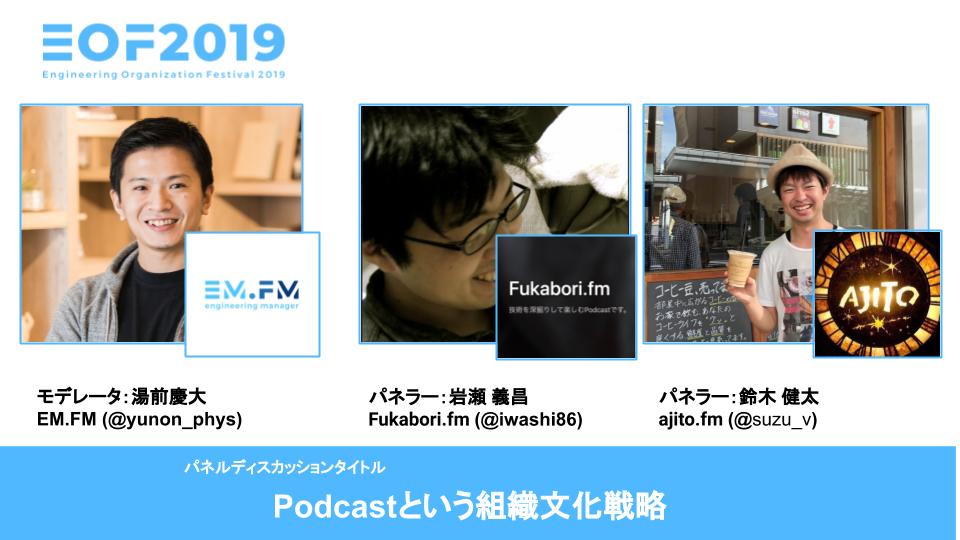【EOF2019】10/31(木)開催!✨🎃✨
Podcast パーソナリティのhttp://EM.FM 湯前(@yunon_phys)さん、http://Fukabori.fm 岩瀬(@iwashi86)さん、http://ajito.fm 鈴木 (@suzu_v) さんによるパネルディスカッション決定!!!(≧∇≦)/
https://eof.connpass.com/event/143794/
#eof2019