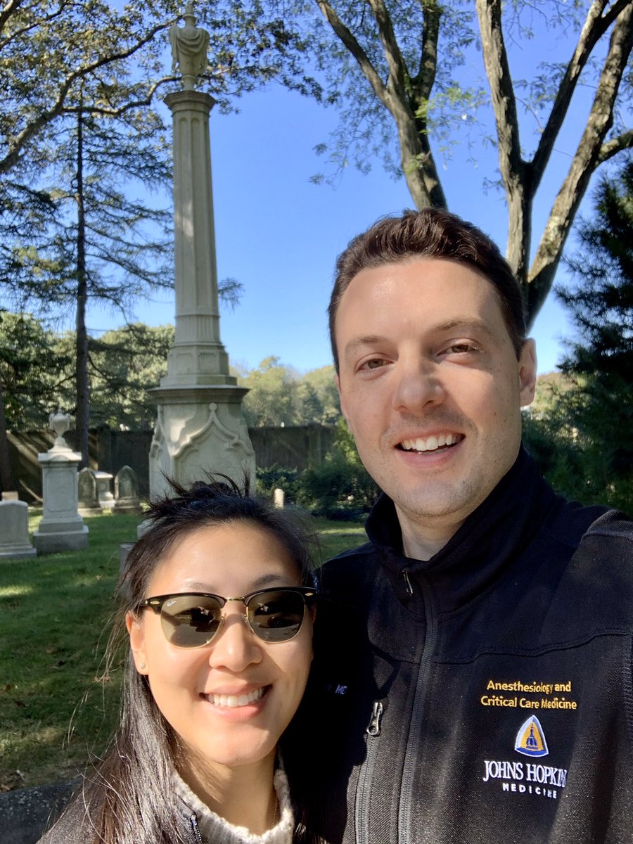 SeanLoveMD's tweet photo. With co-resident and fellow @BrownMedicine alum Dr. Sophie Lin at the gravesite of William T. G. Morton, the man who gave the first public demonstration of inhaled ether as a surgical anesthetic. Part of our fantastic @HopkinsACCM “history of anesthesia tour” of Boston, MA https://t.co/LOXuoo5u81