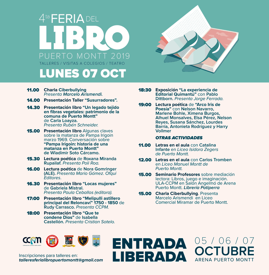 El lunes 07 continúa la 4a. Feria del Libro en <a href="/arenaptomontt/">Arena Puerto Montt</a> . Desde las 11 a las 20 horas