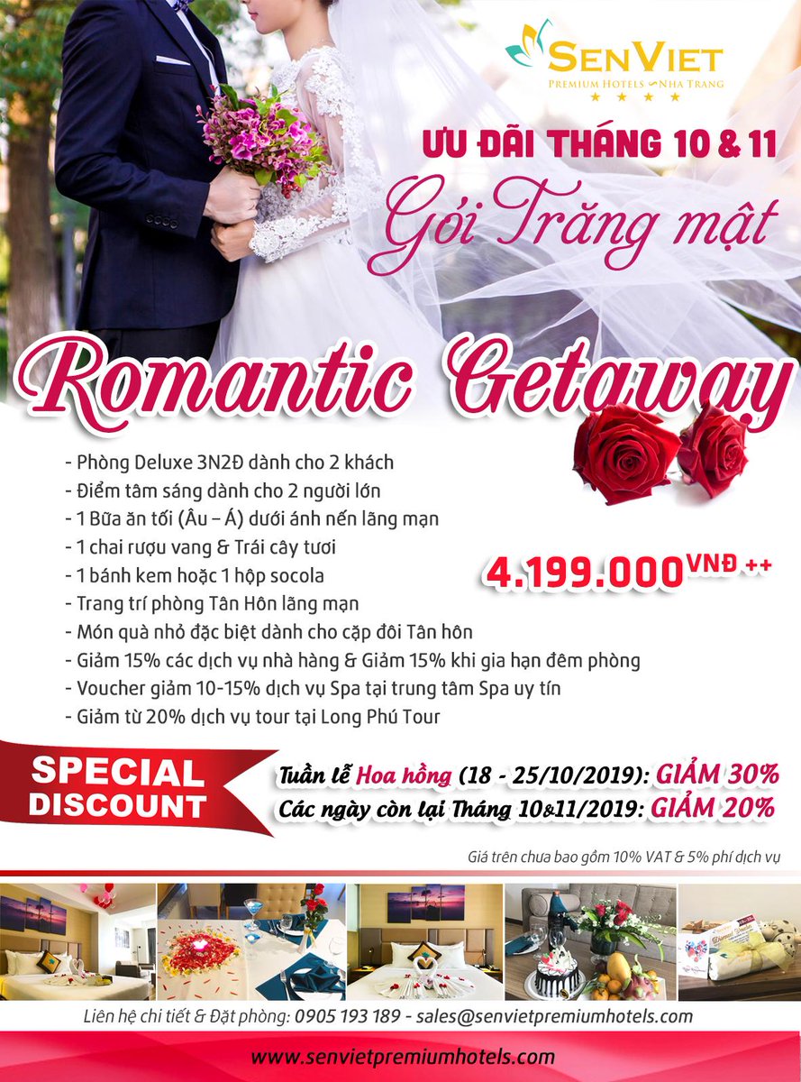 PremiumSen's tweet photo. DISCOUNT 30% for Honeymoon Package - ROMANTIC GETAWAY
Stay Period: 07/10 - 30/11/2019

Rose Week (18/10 - 25/10/2019): Discount 30%
The rest of October &amp; November: Discount 20% https://t.co/kd25GaBT8e