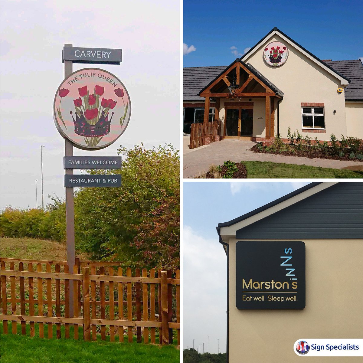 This installation for Marston's Inns utilises roundel house name signs for both the free standing post mounted sign and the building apex. In addition to this is the Marston's Inns branded tray sign on the side of the building. #pubs #signage #branding
