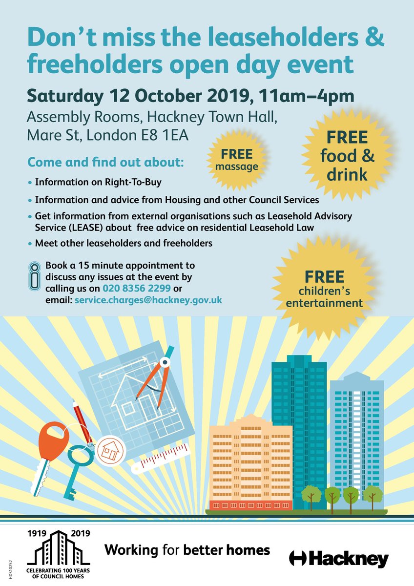 hackneycouncil's tweet photo. Come down to our leaseholder event at Hackney Town Hall on Saturday for info and advice about right-to-buy, residential Leaseholder Law and more.  There will also be free fish, chips &amp; finger food, mask making classes for children, and massages! 🏠🎨🖌️ https://t.co/CNRJfhl7UF
