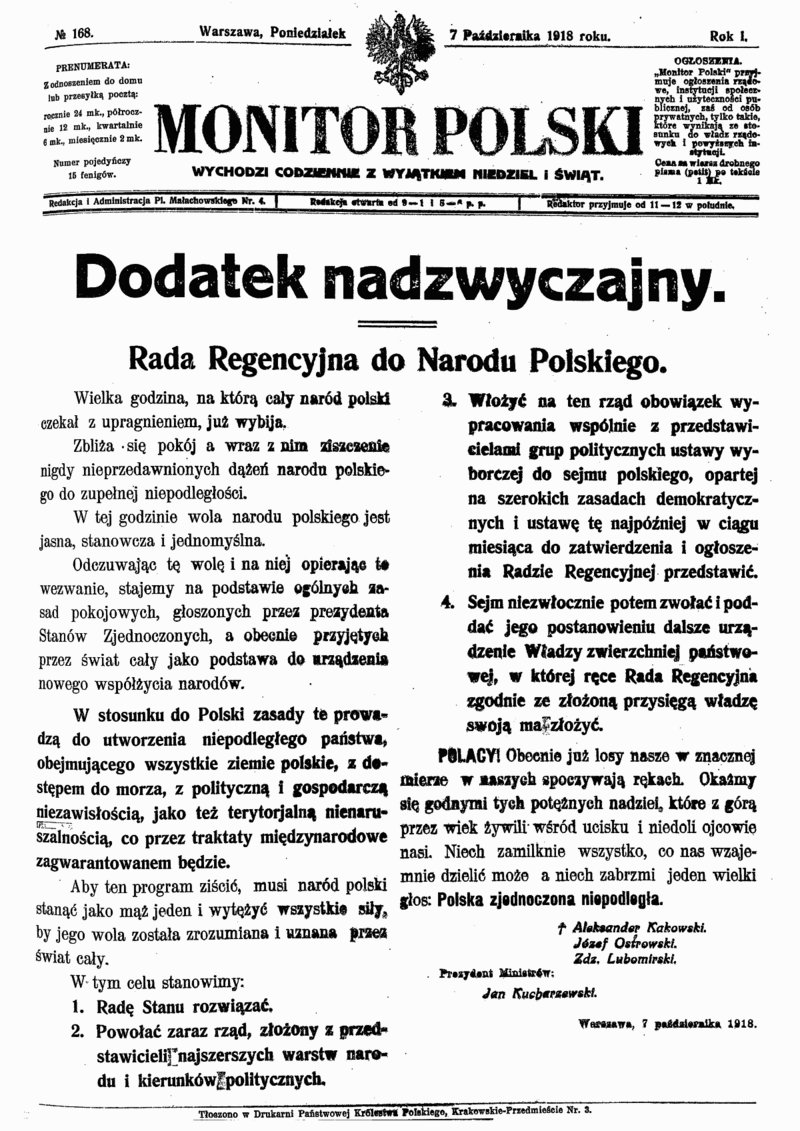101 lat temu - 7 października 1918 roku - Rada Regencyjna ogłosiła niepodległość Polski, powołując się na "14 punktów" prezydenta Wilsona