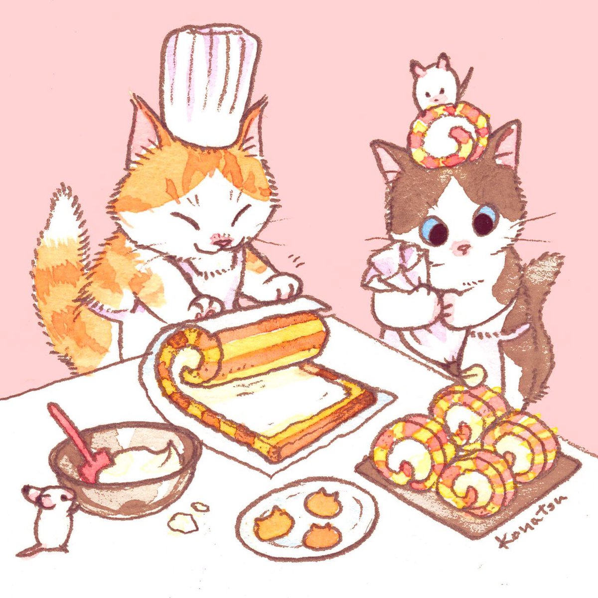 「しましまのスポンジで作った猫ちゃんロールケーキみたいなの食べたい 」|こなつのイラスト