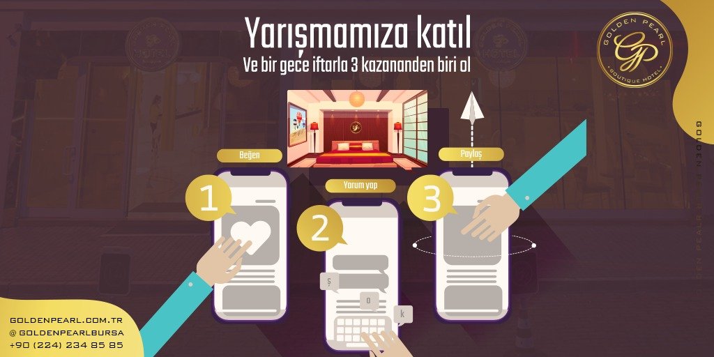 Golden pearl otelimizde kazanacak 3 kişi bir gece iftarla birlikte ücretsiz kazanma imkanı!
Yarışmaya katılmak için sadece paylaş ve sosyal medya hesaplarımızı takip et .
#golden_pearl #diğer_eviniz
#yarışmamıza_katıl