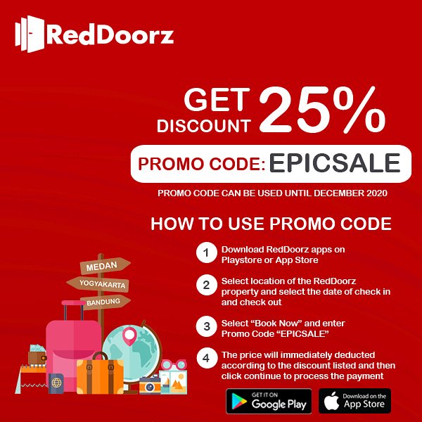 dennyww_ID's tweet photo. EPICSALE!! Dapatkan DISKON 25% di kamar RedDoorz dengan memasukan kode promo: EPICSALE saat pemesanan di aplikasi!
Mau DISKON LEBIH??! Klik link berikut https://t.co/0JRWmBjxd7 https://t.co/27Mozu3VQy