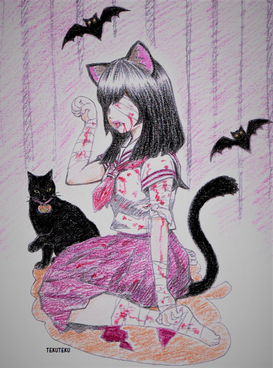 ট ইট র Tekuteku Illustration Halloween ハロウィン オリジナルイラスト 猫好き 黒猫 血糊セーラー 猫耳女子 色鉛筆画