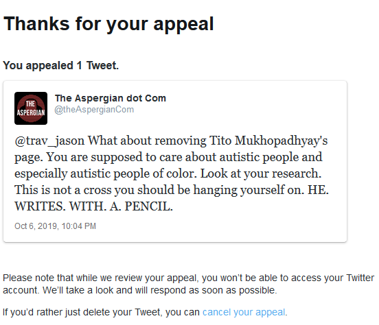 altautism's tweet photo. @theAspergianCom has been placed in Twitter jail for having a tweet reported by an #ABA behaviourist for threatening or promoting suicide. This is blatant #altAutism. This was the tweet. https://t.co/xg9HRJi7i5