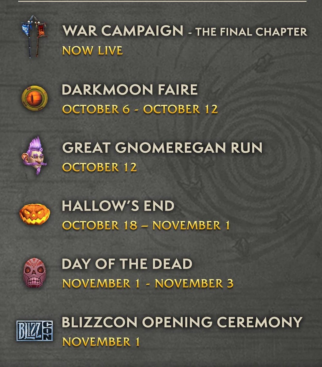 mmonster_co's tweet photo. Up coming events till blizzcon 😍
➖➖➖➖➖➖
MmonsteR - your best WoW boost and power leveling service
➖➖➖➖➖➖
➡️ https://t.co/sCg4DYUlOd
➖➖➖➖➖➖
#wow #warcraft #TEP #boost #mmonster #wowboost https://t.co/fHRL1Lca1a