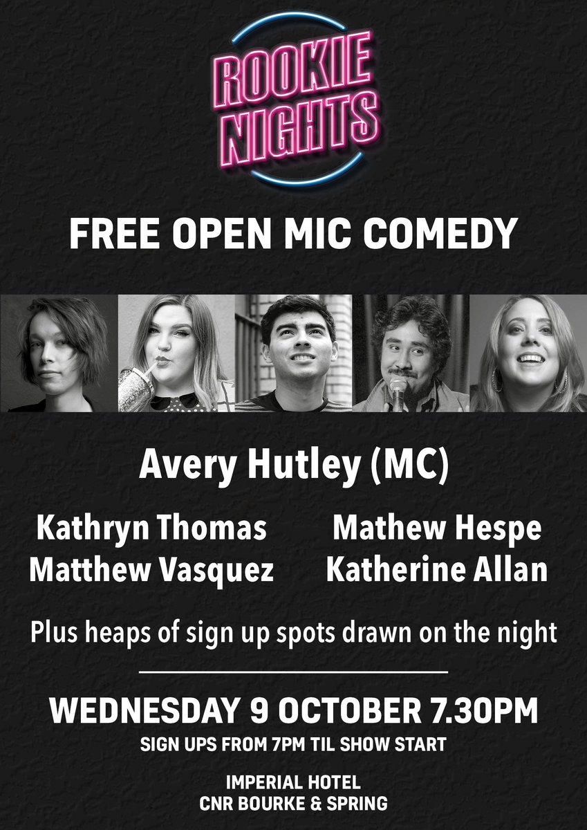 Tonight!!

Join your host Avery Hutley for another great night of open mic comedy at <a href="/The_Impy/">Bourke St Imperial</a>!!

Featuring:
<a href="/kathrynteee/">Kathryn Thomas</a>
Mathew Hespe
Matthew Vasquez
<a href="/kathrillhouse/">Kathrillhouse 🇵🇸</a>
@JemryRocket

AND PROBABLY YOU!

Sign ups from ~7.00pm
Starts 7.30pm
