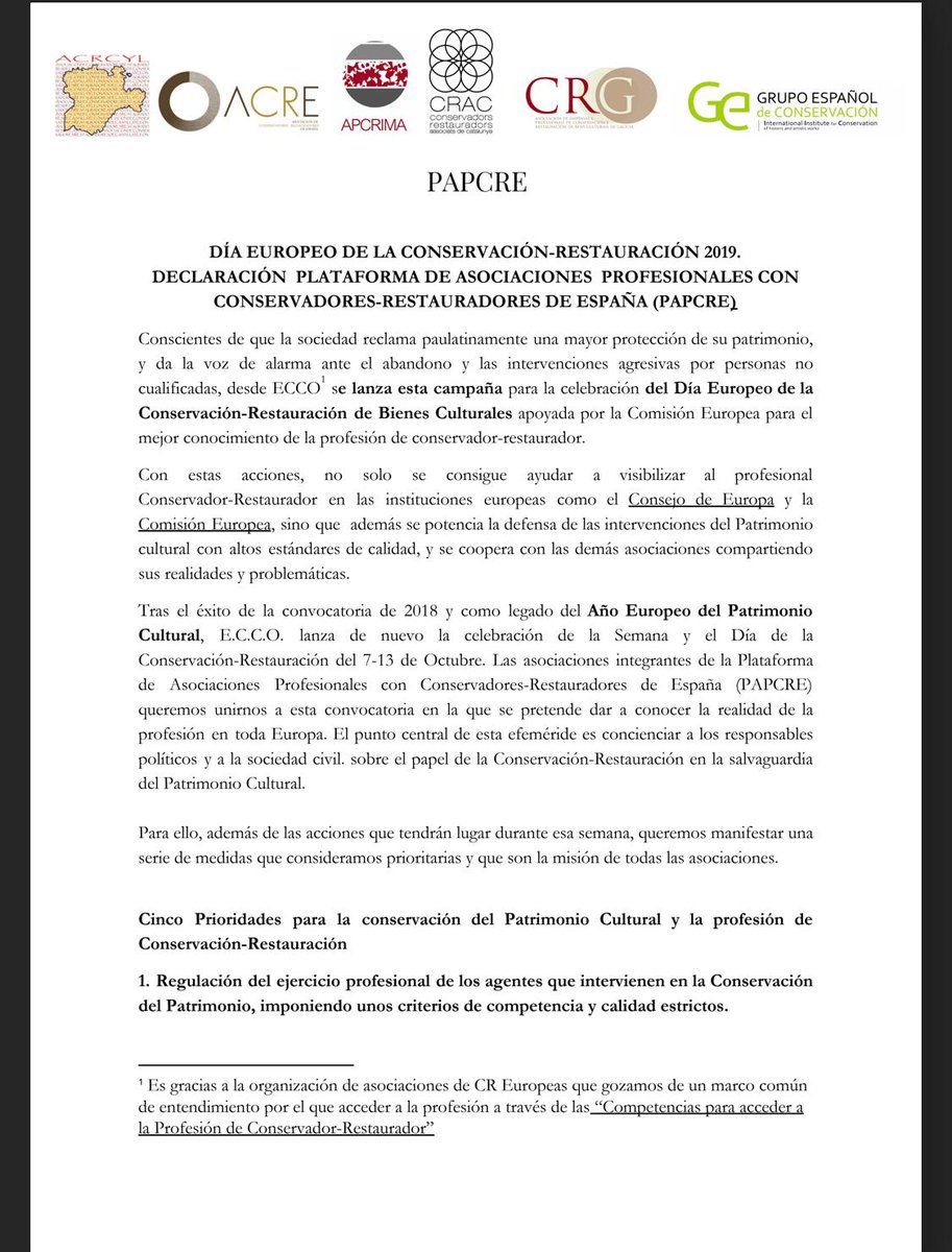 GE_IIC's tweet photo. DECLARACIÓN DE LA PLATAFORMA DE ASOCIACIONES PROFESIONALES CON CONSERVADORES-RESTAURADORES DE ESPAÑA (PAPCRE) POR LA CELEBRACIÓN DEL DÍA EUROPEO DE LA CONSERVACIÓN-RESTAURACIÓN 2019

#13ODíaCR
#DíaEuropeoCR #EuropeanDayConservationRestoration
#PAPCRE https://t.co/hWZngiZodg