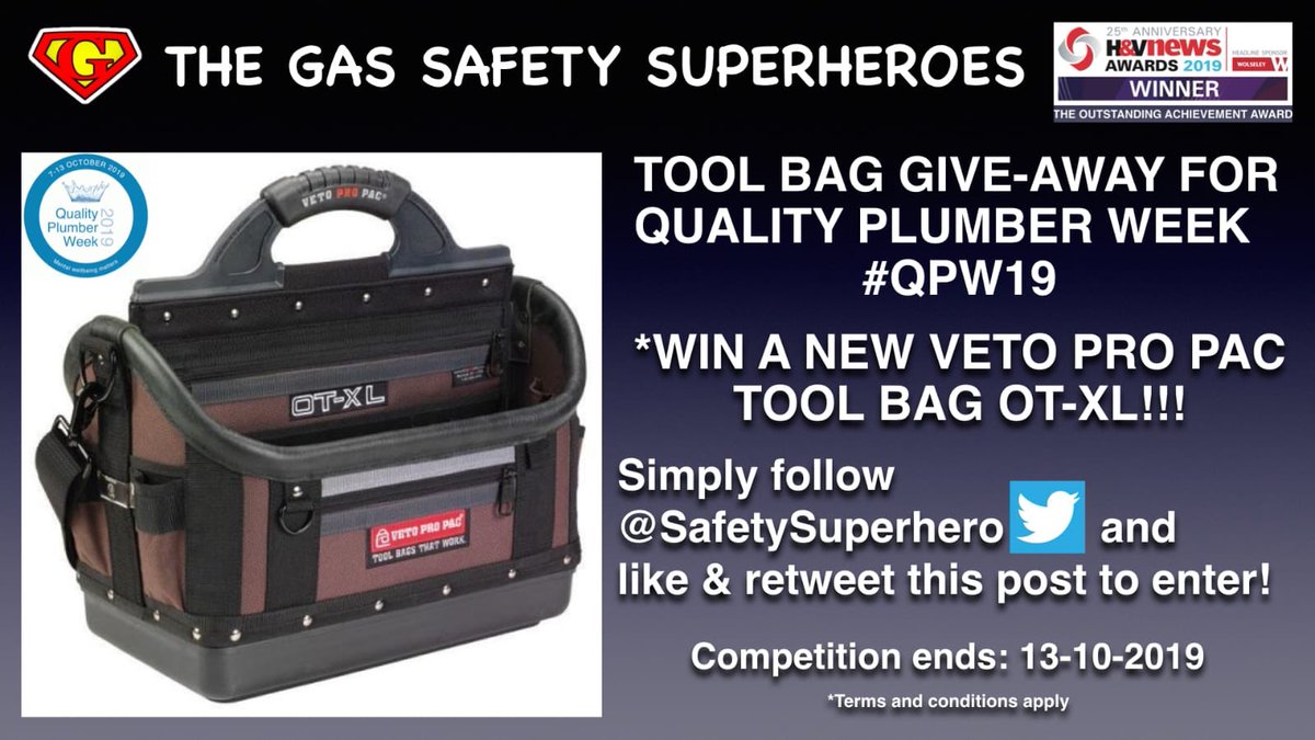 #GiveAway To help raise awareness for Quality Plumber Week #QPW19 we are giving away a new Veto tool bag! All you have to do to be in with a chance to win is like &amp; retweet this post and follow <a href="/SafetySuperhero/">Captain India</a>