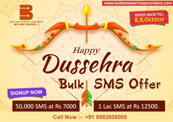 #bulksmsoffer:
10,000 SMS @ RS 1400
50,000 SMS @ RS 7000
1,00,000 SMS @ RS 12,500
Offer Valid Till : 8,9 oct 2019
Contact for #bulksms Call us:8982805000.#freesignupnow at :bulksmsserviceproviders.com/sign-up