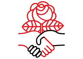 36)The Fist is symbolic of Communism. The Rose is Symbolic of Socialists.The Rose is "RED"...which is symbolic of Communism. (Footnote: Recently, this logo  has changed to another Masonic symbolism. It is now a handshake  (Black & White).